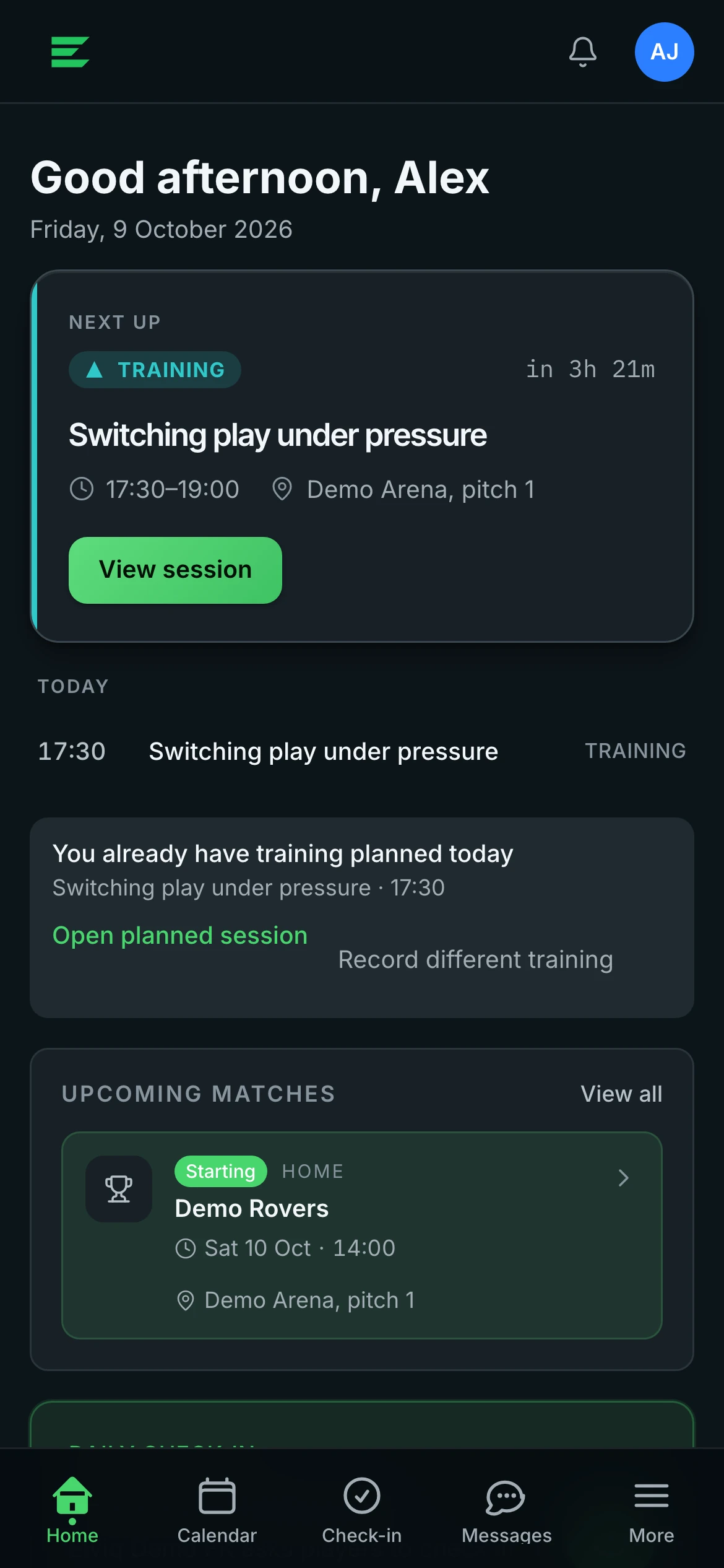 The Elviq athlete app: daily check-in and today’s training.