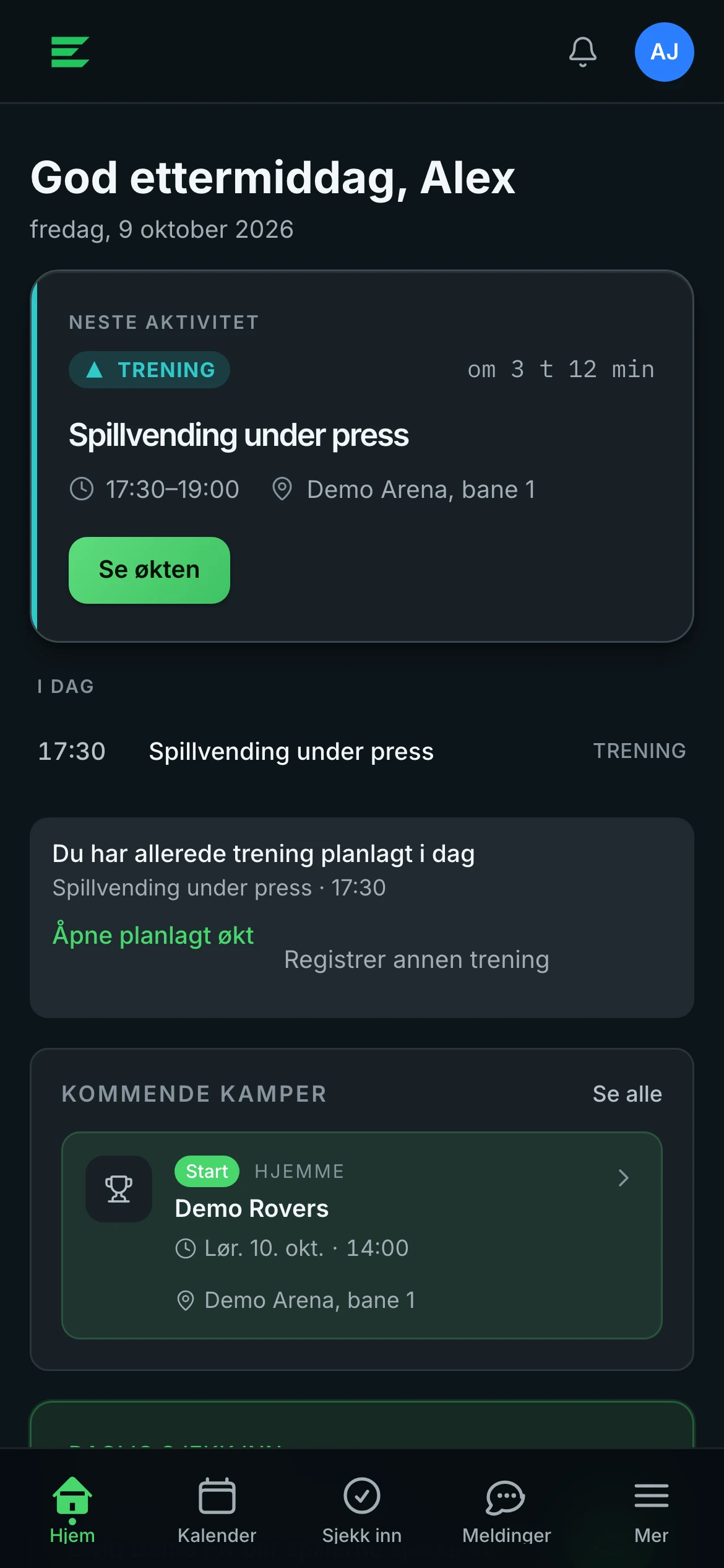 Utøverappen i Elviq: daglig innsjekk og dagens trening.