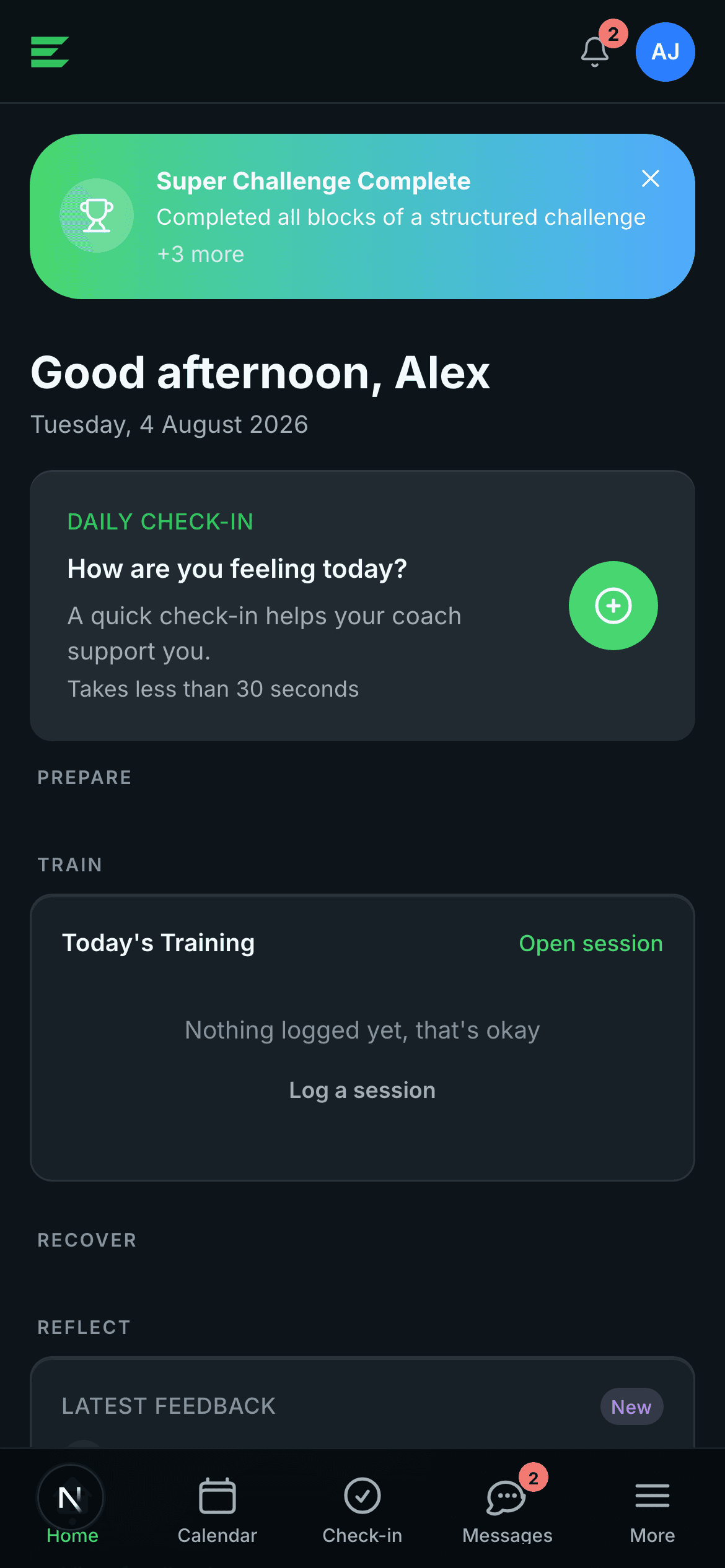 The Elviq athlete app: daily check-in and today's training.