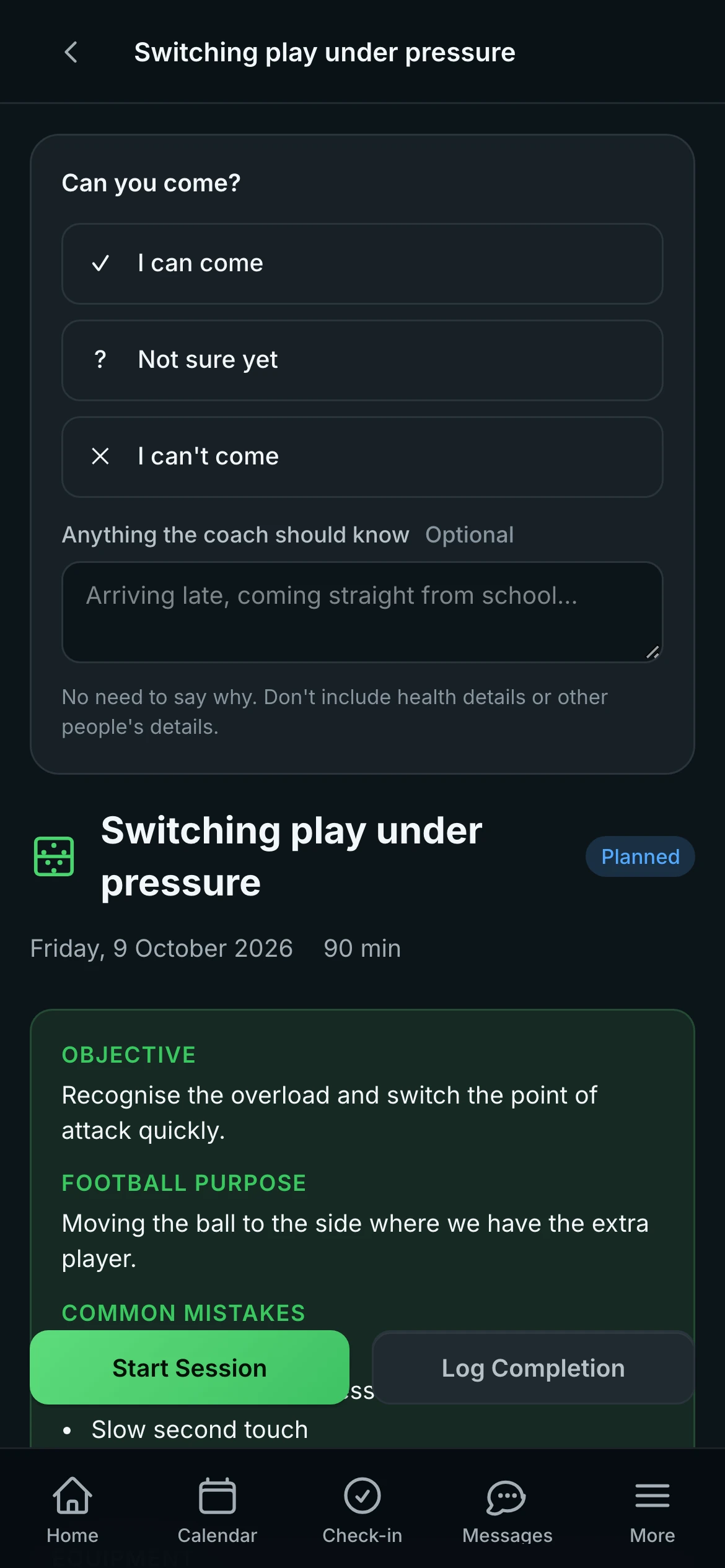 Today’s session on the athlete’s phone: confirm attendance and see the plan.