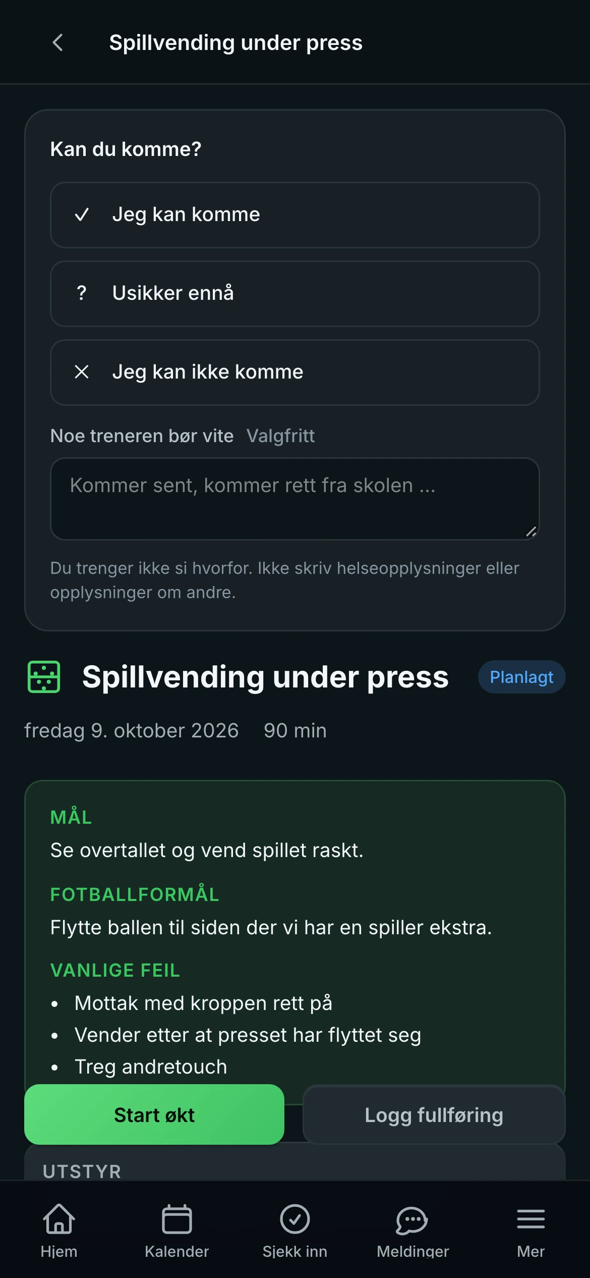 Dagens økt på utøverens mobil: bekreft oppmøte og se øktplanen.