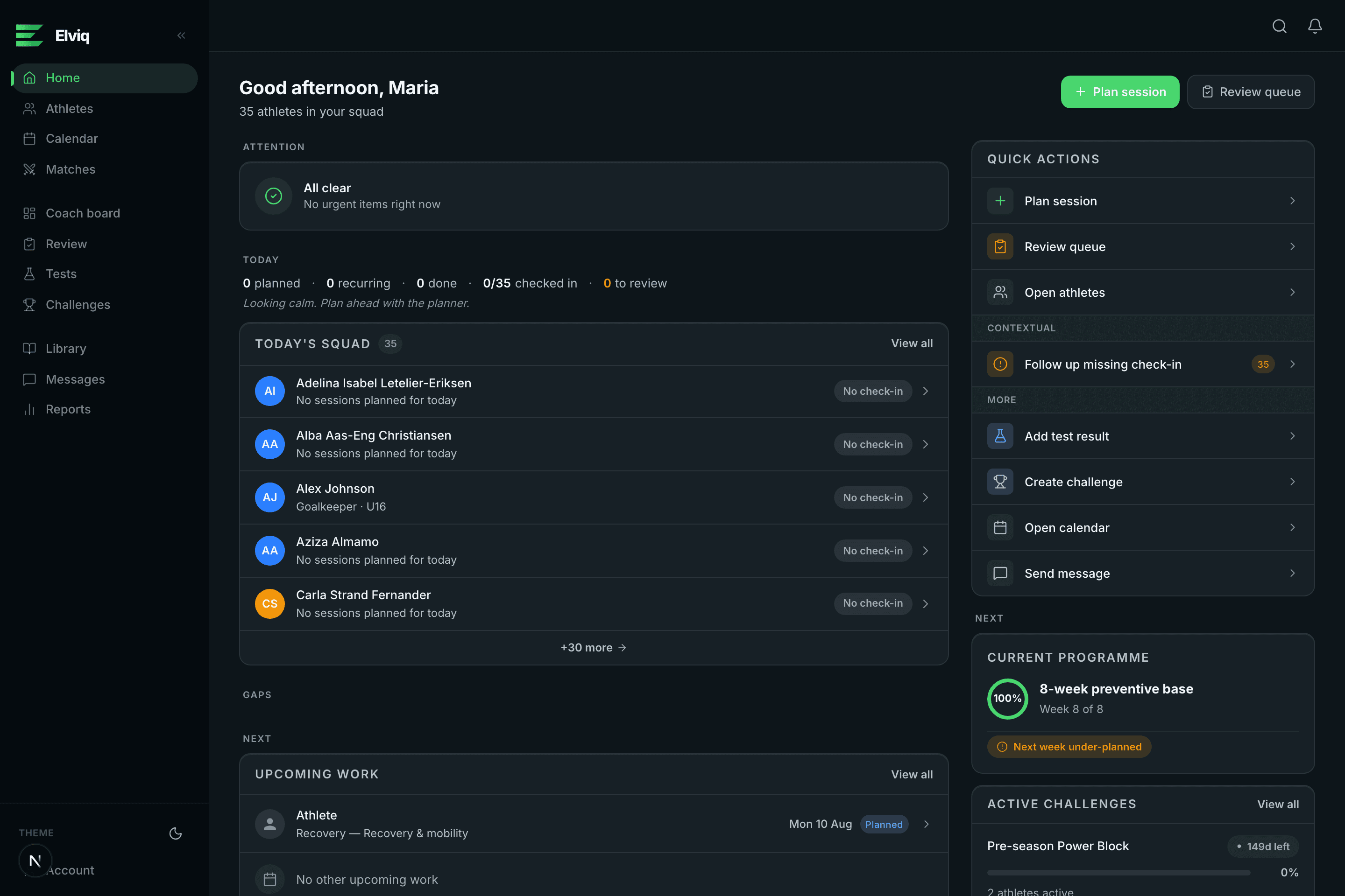 The Elviq coach dashboard: today's squad, what needs attention, and quick actions.